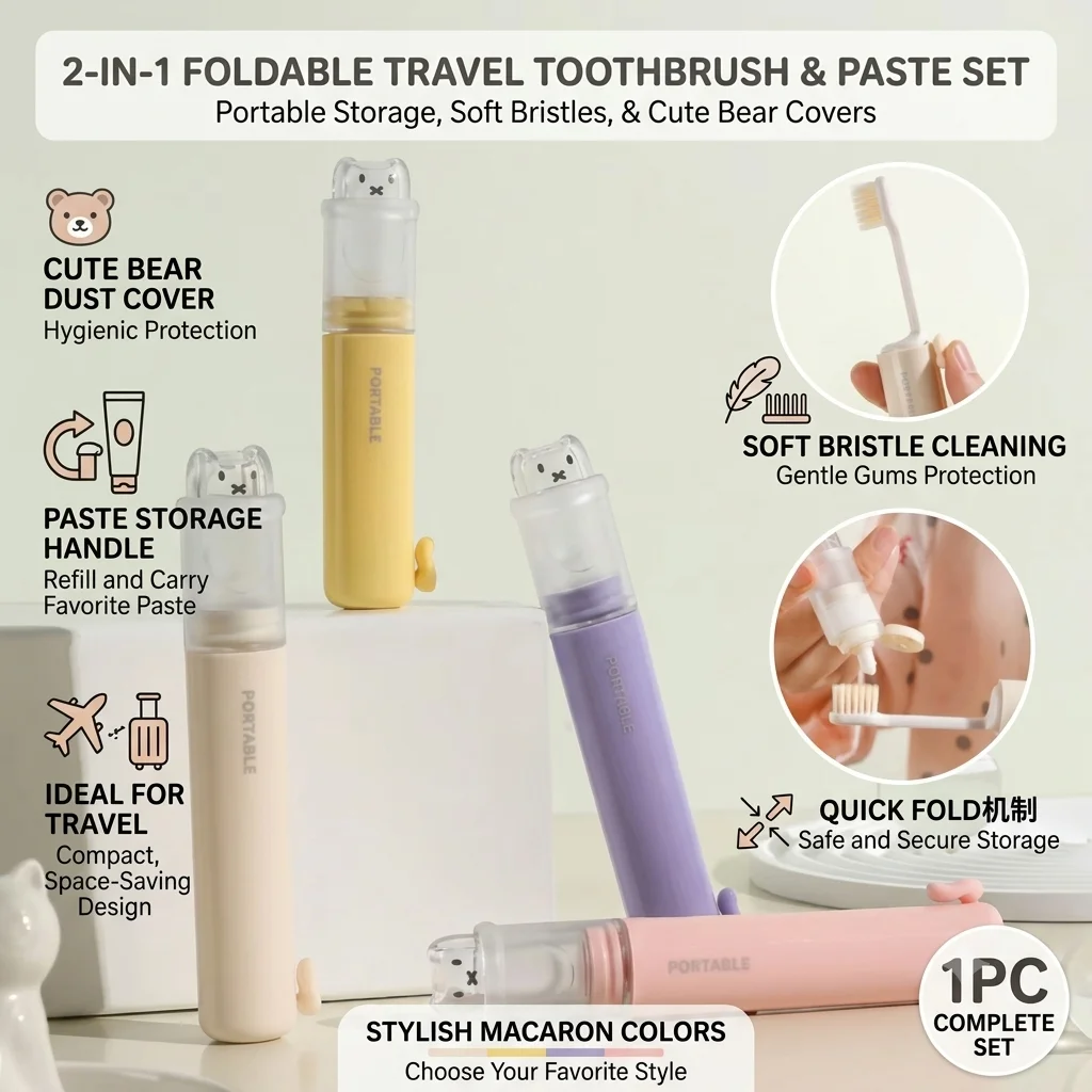 Travel Toothbrush Foldable 2-In-1 Portable Toothpaste Storage Soft Bristle Teeth Brush Cute Bear Dust Cover 1Pc Macaron Colors