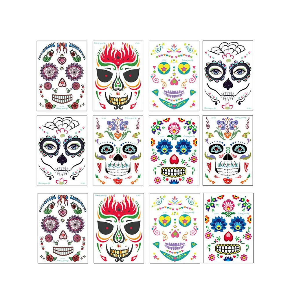 

12 Sheets Temporary Tattoos Wedding Decorative Stickers for Party Costume Halloween Facial Ghost Funny Water Proof Theme