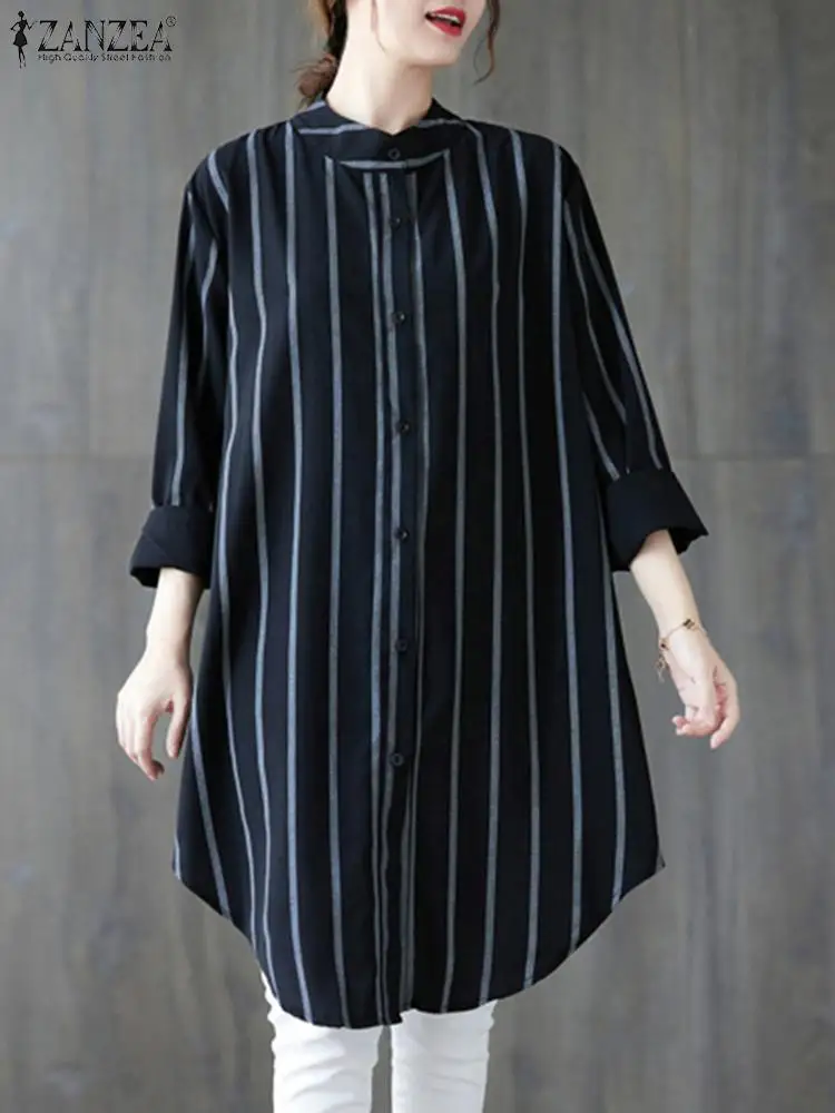 ZANZEA 2024 Spring Autumn Women Shirt Full Sleeved Oversized Blouse Striped Printed O-Neck Tops Casual Tunic Fashion Blusas