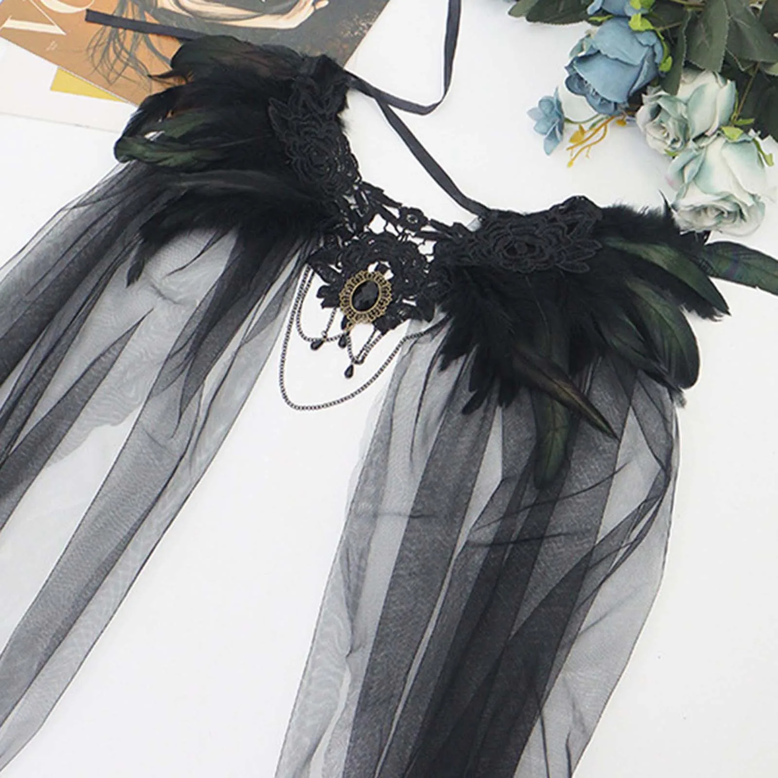 HEZIOWYUN المرأة ريشة عباءة القوطية تول الدانتيل الرأس مع ريشة طوق هالوين مصاص دماء الساحرة زي الملحقات