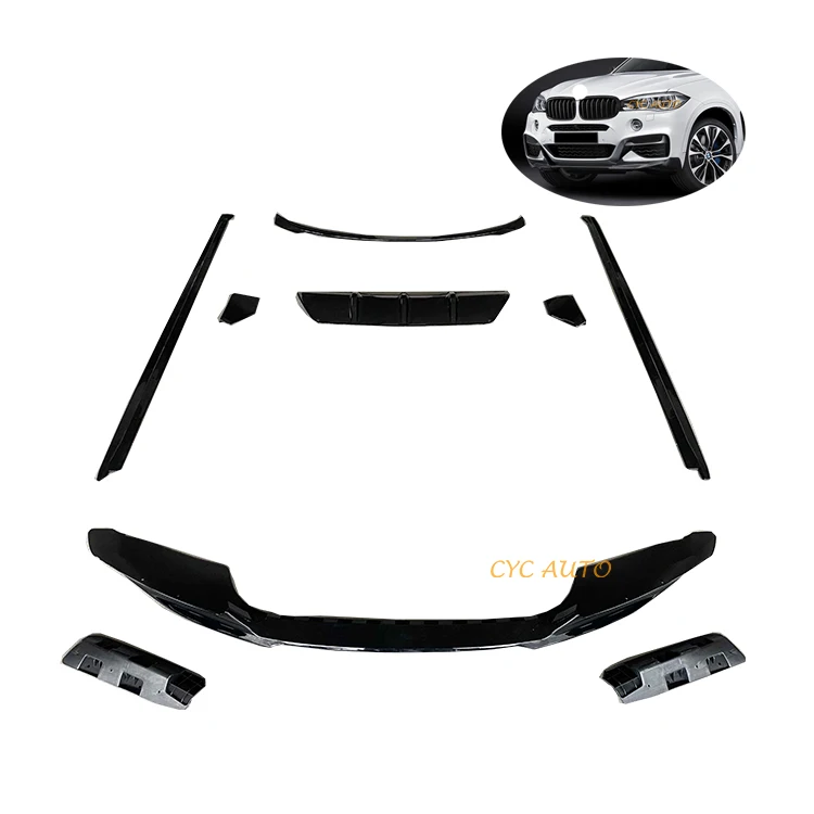 Venda quente preto brilhante para bmw x6 f16 aero kit frente lábio saia lateral difusor de cyc auto