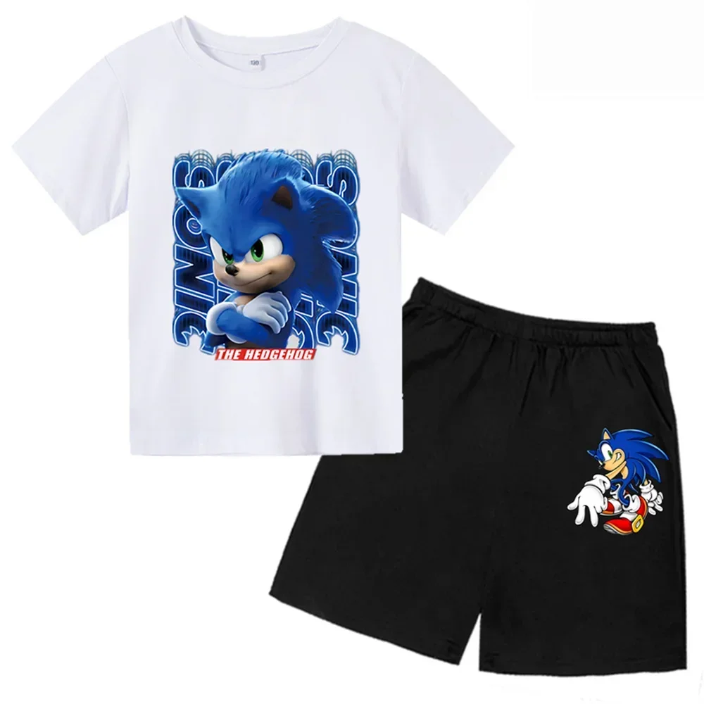 New Summer Short Sleeve Children T-Shirt 2 Piece Set Sonic Boys Girls Teenager Casual Kid Tops Tee Shirt+shorts Set Baby Clothes