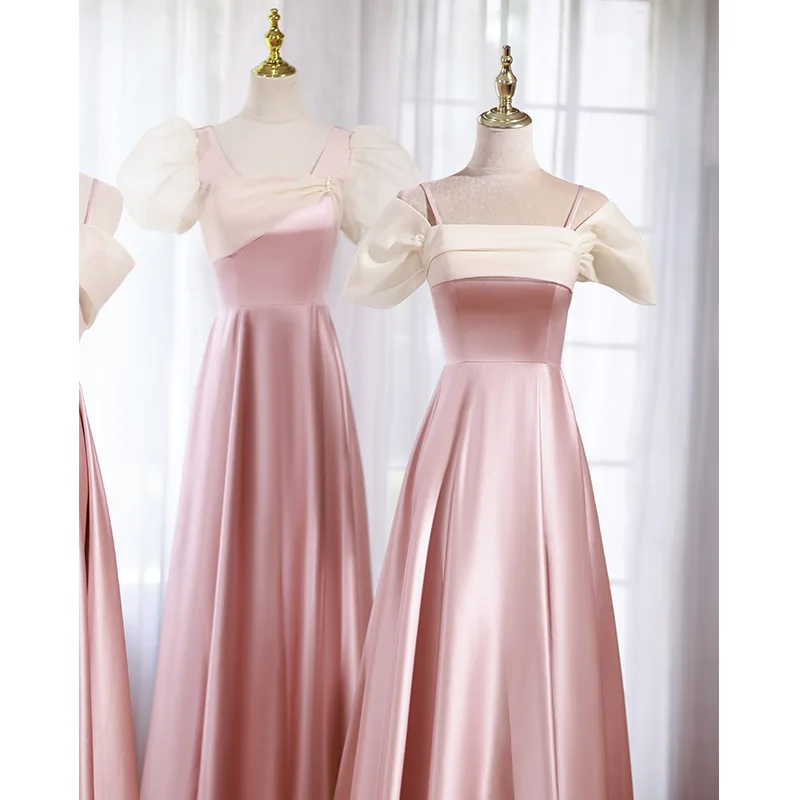 Pink Satin Bridesmaid Dress Sweet Bow Square Collar Wedding Female Guest Dresses 4 Styles Long A-Line Prom Party Vestido