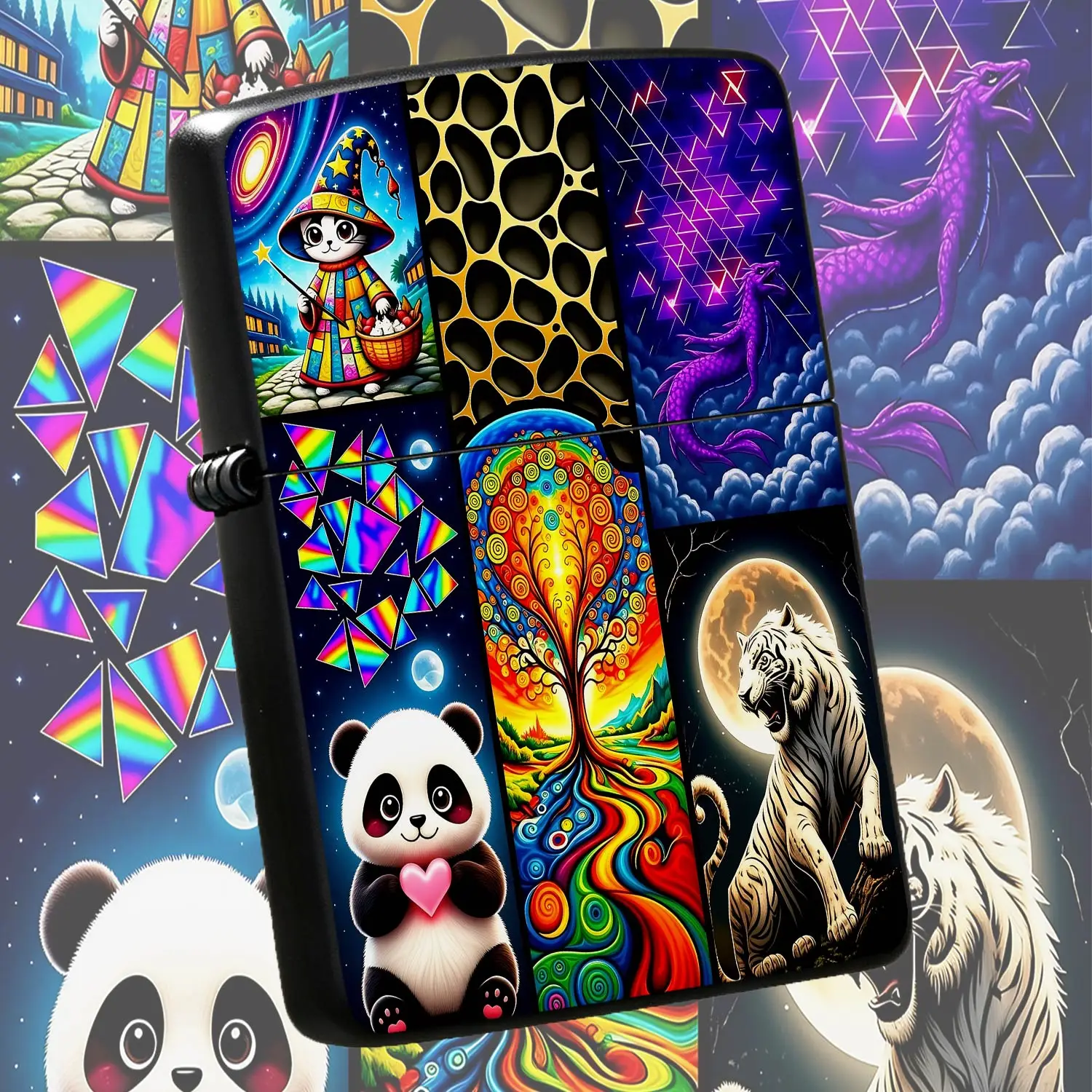 Stylish Lighter with Whimsical Wizard Cat Tree of Life Patterns, Vibrant Holographic Triangle Purple DragonPanda Print, Portable Unique Decorative Accessory for Daily Travel Gatherings Gifting A Humorous And Interesting Lighter