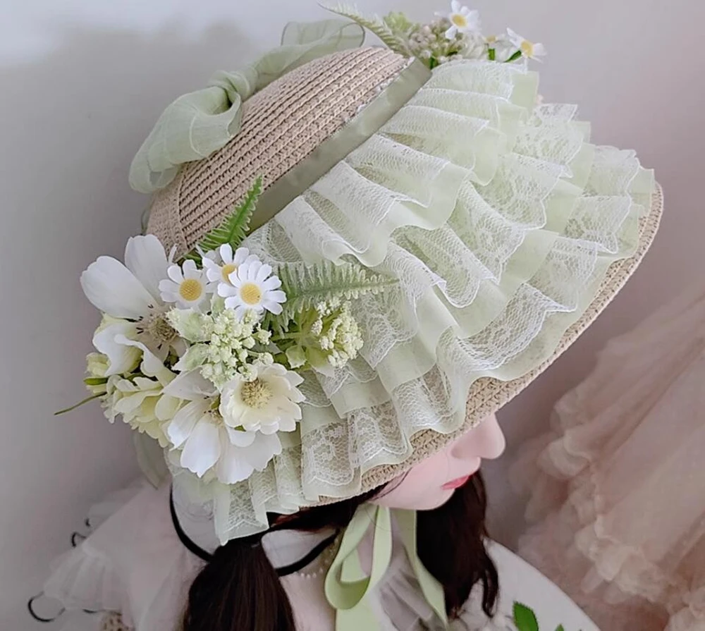 

Vintage Victorian Headdress Flat Top Hat Ruffle Lace Lolita Straw Hat with Chin Strap Elegant Ribbon Flower Straw Hats