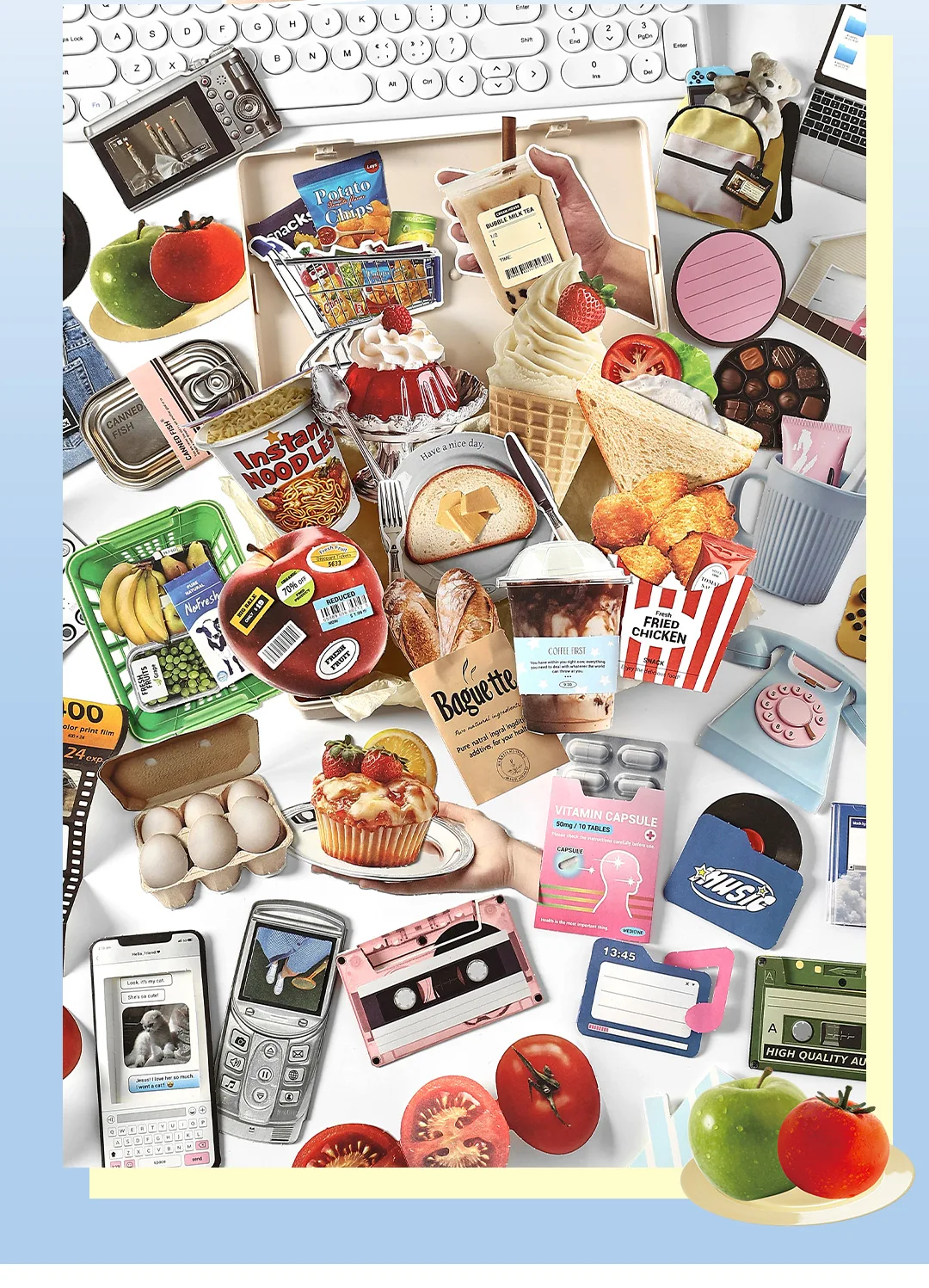 20 Blatt/Beutel, beschreibbare Haftnotizen, kreatives Muster mit Snacks, Desserts, Früchten, Alltagsmotiven, faltbare Notizen für Nachrichten und Begrüßungen – Detail 2
