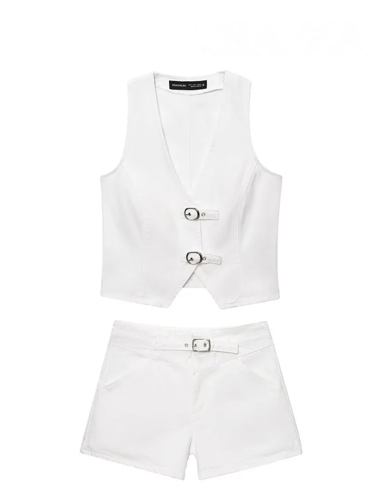 

HH женский летний модный джинсовый повседневный жилет с v-образным вырезом и пряжкой + передняя отделка со средней талией и карманами на молнии, шорты, костюм Mujer