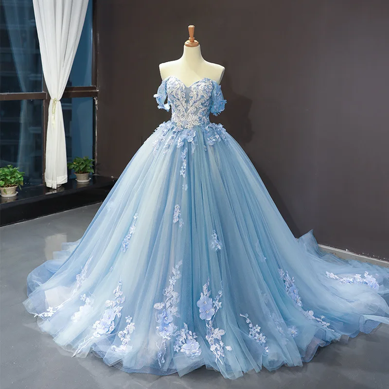 

Women's Elegant Light Blue Princess Gown Off-Shoulder 3D Floral Wedding Dress Ropa Para Mujer