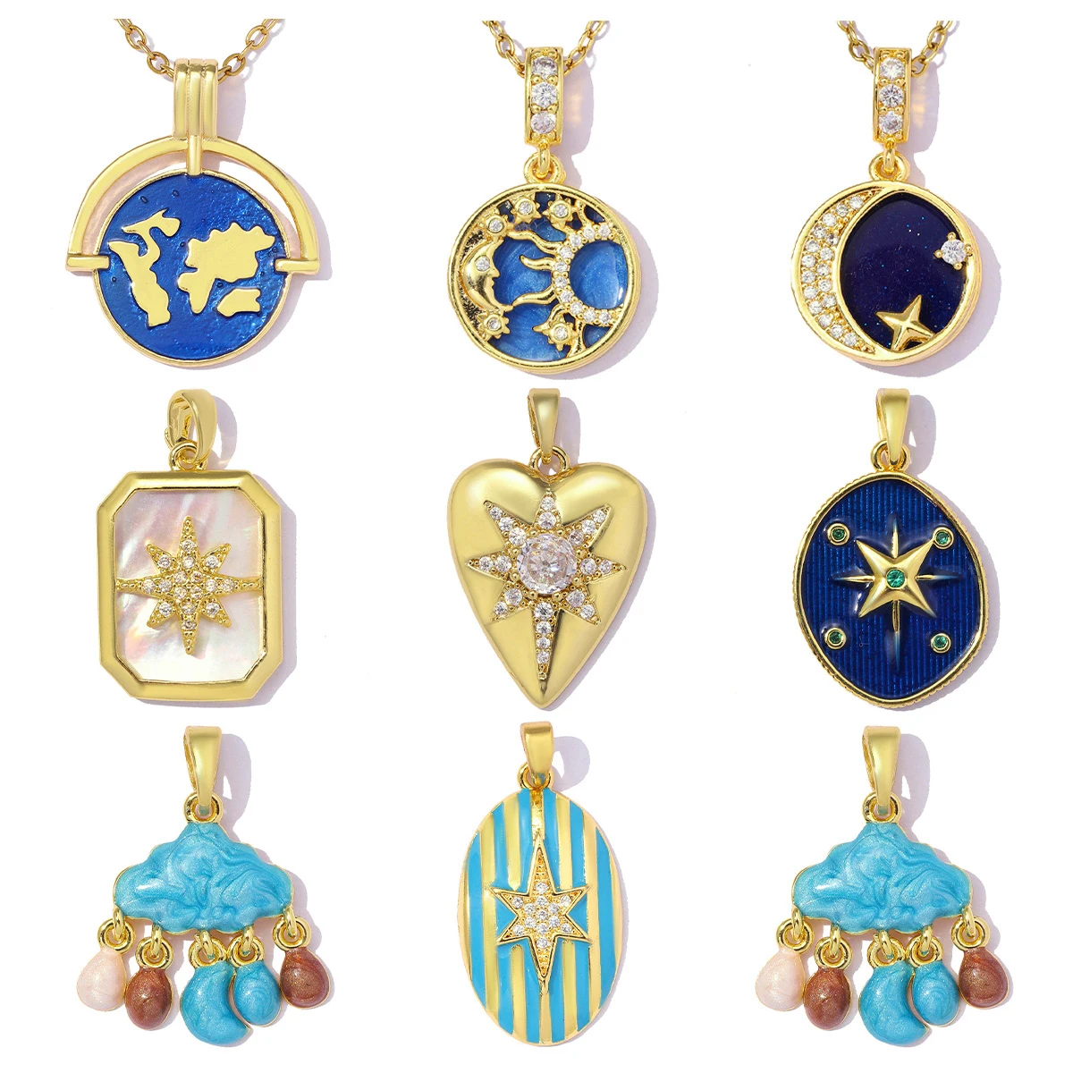 3pcs/Lot Wholesale Copper Enamel Cloud Sun Heart DIY Charms Zircon Moon Star Necklace Pendants Woman Globe Earth Jewelry