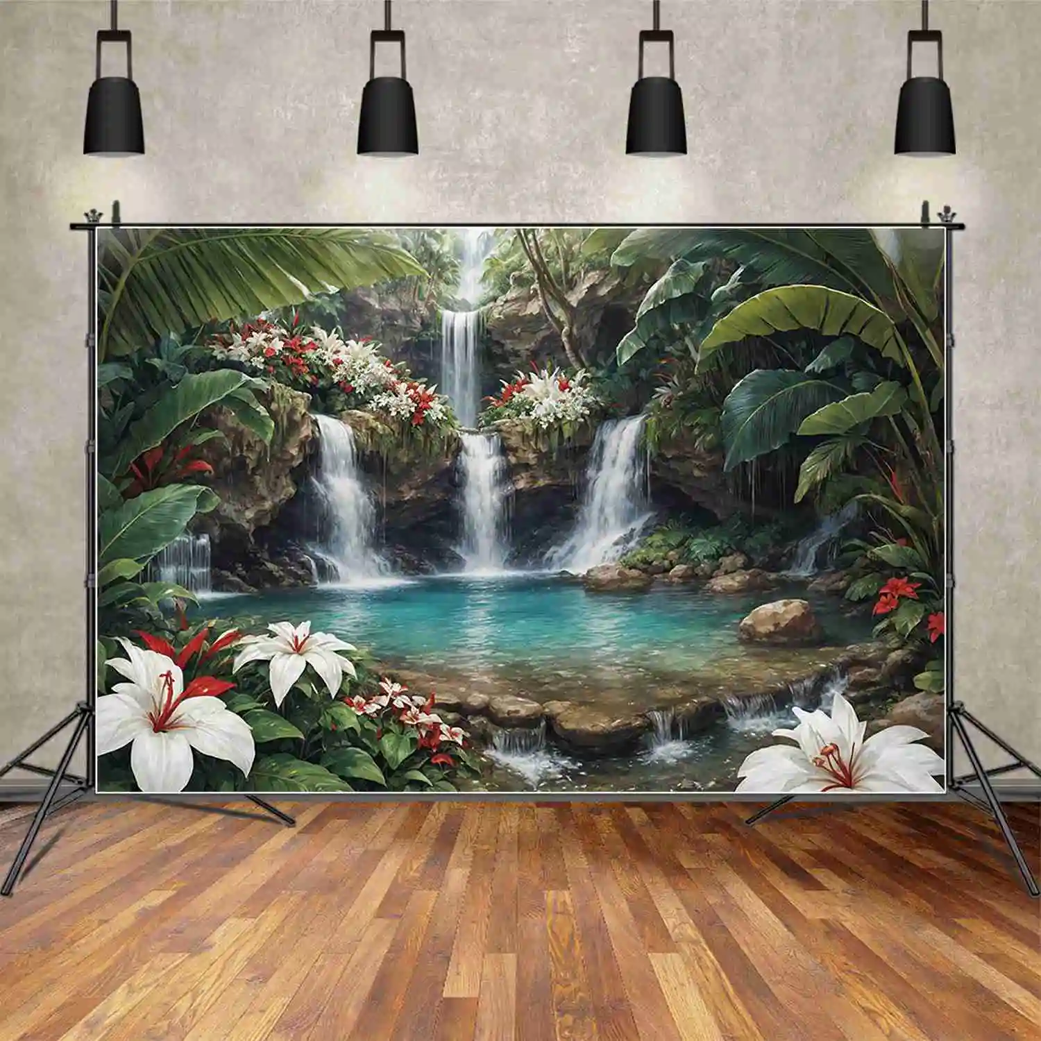 MOON.QG Summer Tropical Rainforest Backdrop Jungle Green Background Holiday Decor Waterfall Studio Photography Photoshoot Props