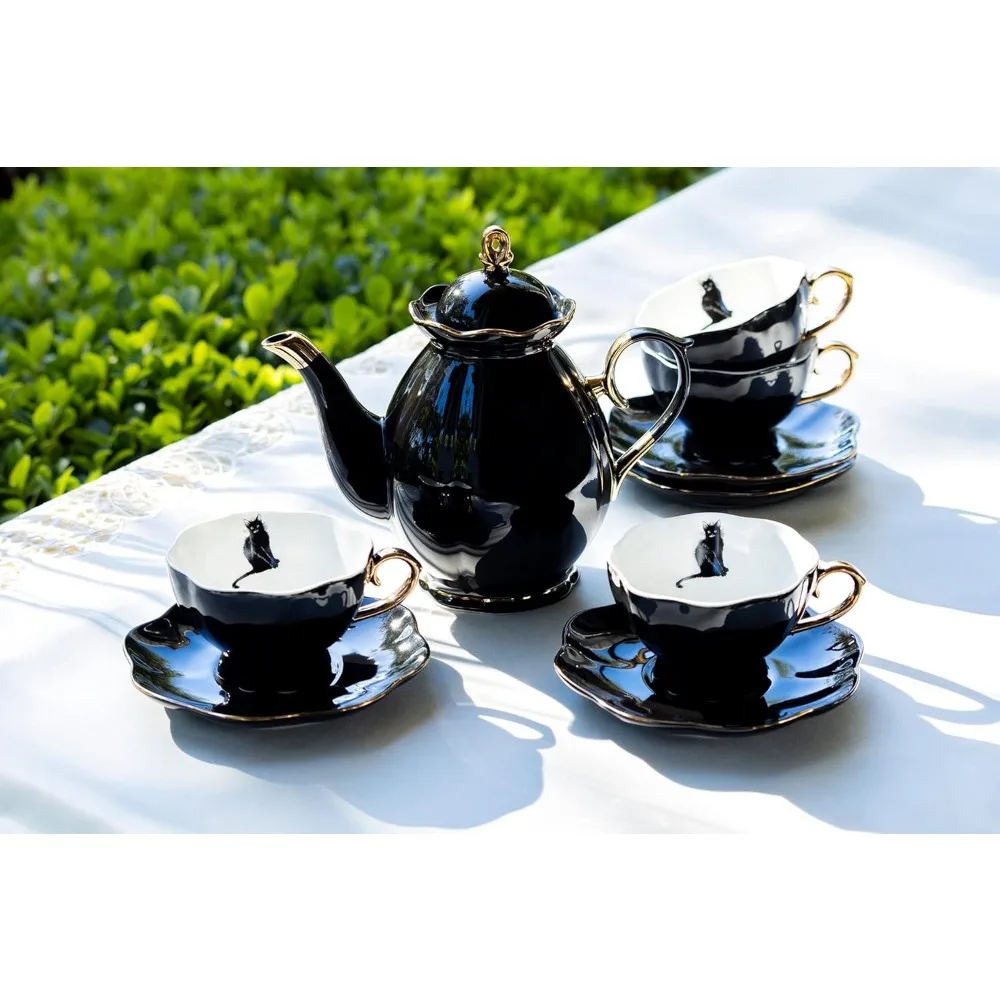 Black Gold Scallop Teapot + 4 Black Cat Tea Cup and Saucer Set