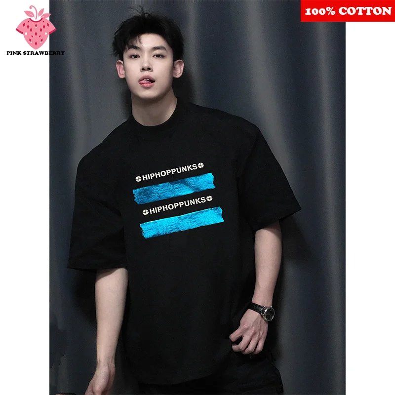 

American Street Black Men T-shirt Summer 2025 New Liquid metal Letter Print Short sleeve Loose Casual Tee Y2k Tops Men Clothing