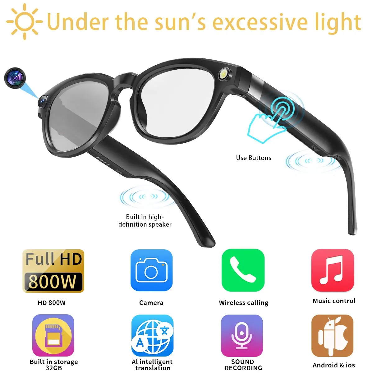 

Q8 AI Smart Camera Glasses 800W Bluetooth Smart Glasses Call Music Object Recognition AI Translation Multifunction Smart Glasses