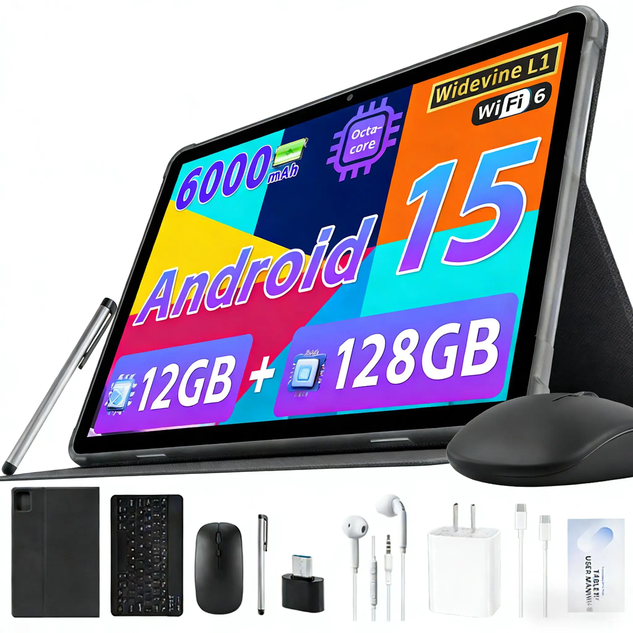 ANRY 10 Inch Android 15 Tablet Octa Core 12GB RAM 128GB ROM 1TB Expand 6000mAh WiFi 6 BT5 GMS Certificated Google Play Tablet PC