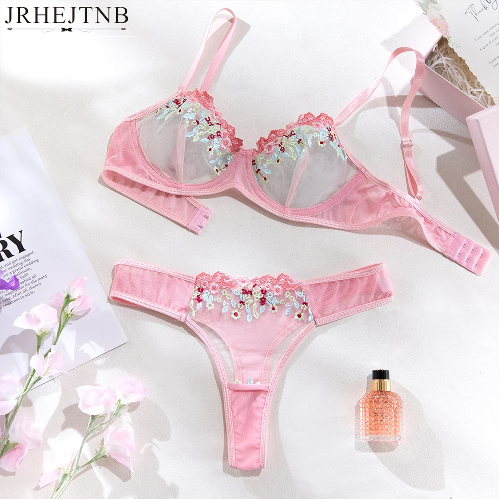 

JRHEJTNB LACE FLOWER FLORAL SEMI-SHEER BRA AND PANTY WITH GATHERING CHEST UNDERWEAR CHARMING EMBROIDERY LINGERIE SET