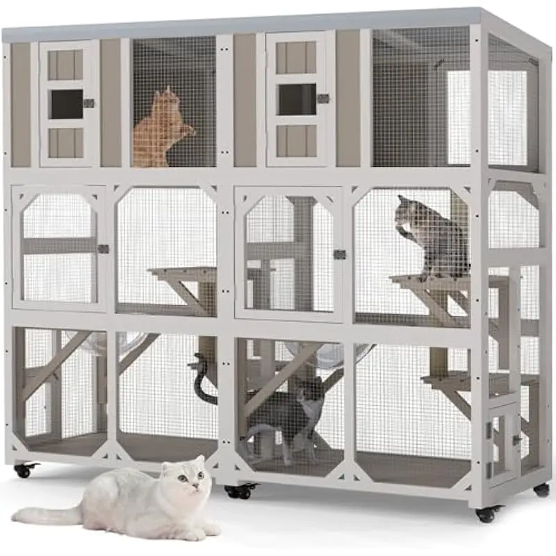 Spacious wheeled wooden catio for outdoor feline adventures featuring weatherproof roof detachable for sunbathing sturdy metal c