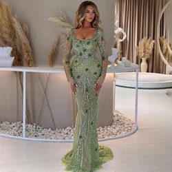 Sexy Women's Party Dresses 2025 Net Mermaid/Trumpet Formal Evening Gown Green Square Neck Beads Rhinestones Prom Dress Long