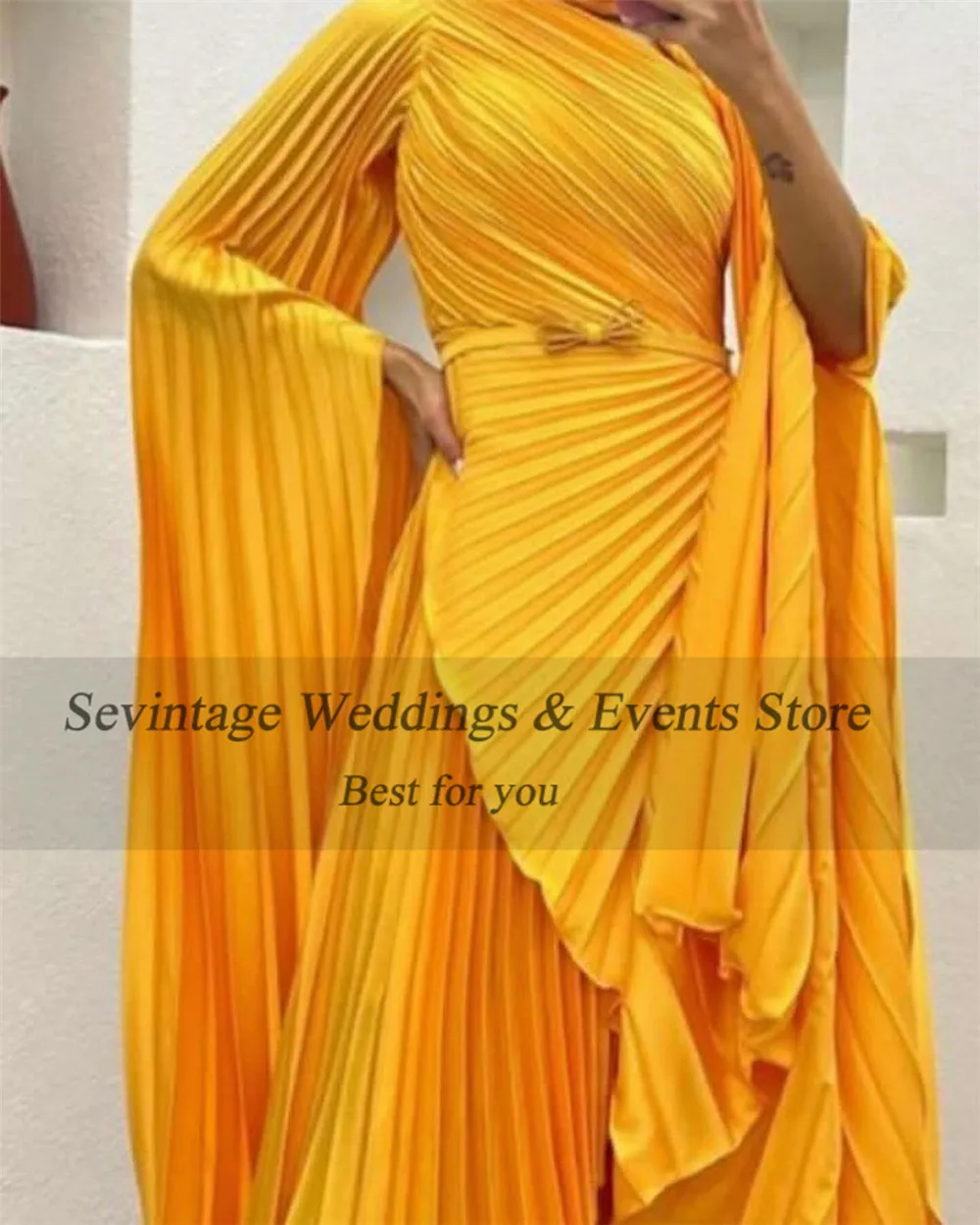 Sevintage Elegant Yellow Prom Dress High Neck Long Cape Sleeves Belt Crumpled Floor Length Evening Dress vestido de gala 2024