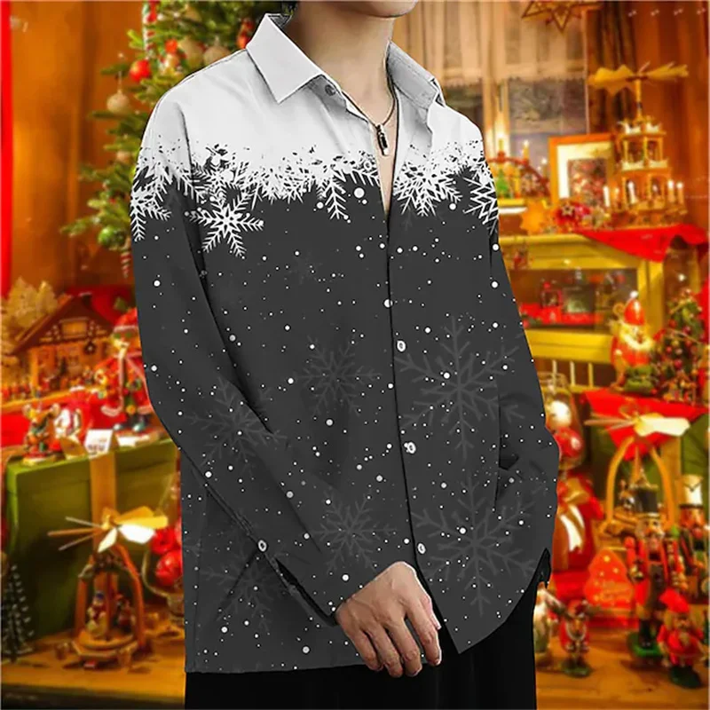 New Men\'s Shirt Party Style Christmas Deer 3D Printed Shirt Long Sleeve Button Lapel Top Men\'s New Year Christmas Shirt XS-6XL