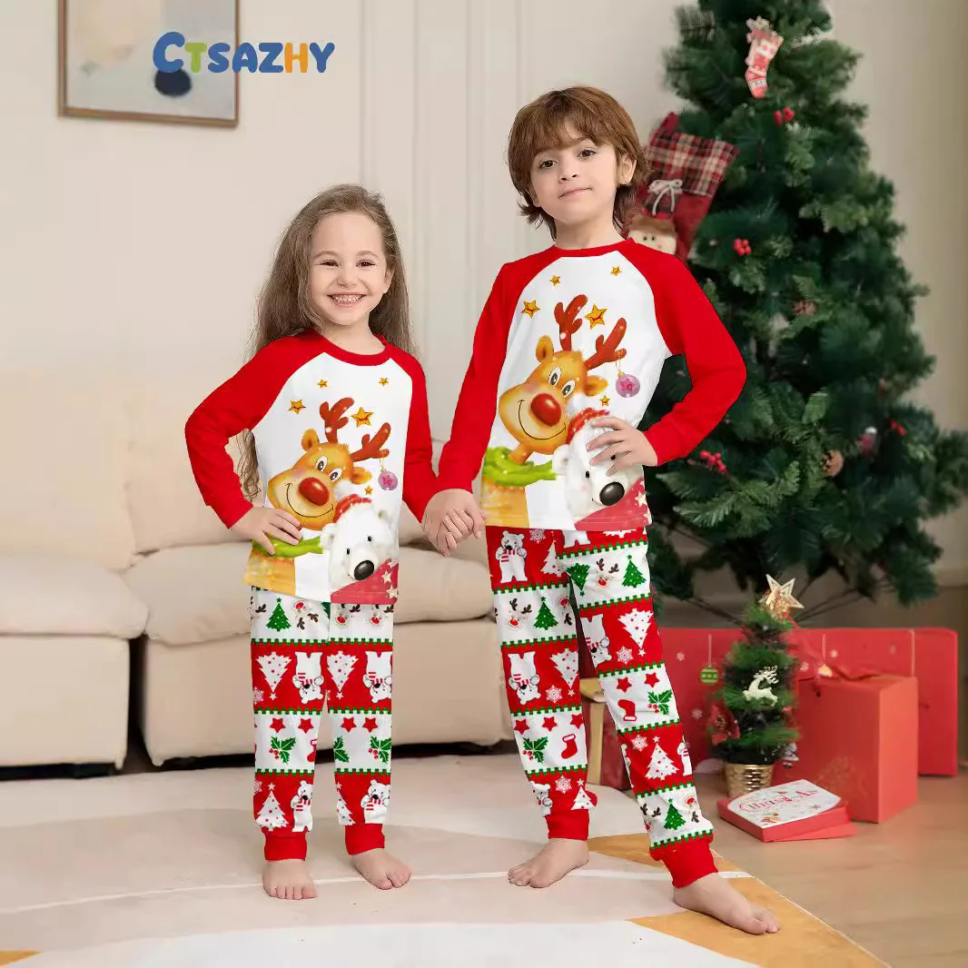 2024 Christmas family set European-style printed golden deer Polar bear family set Pajamas pajama pants 2 sets and baby jumpsuit