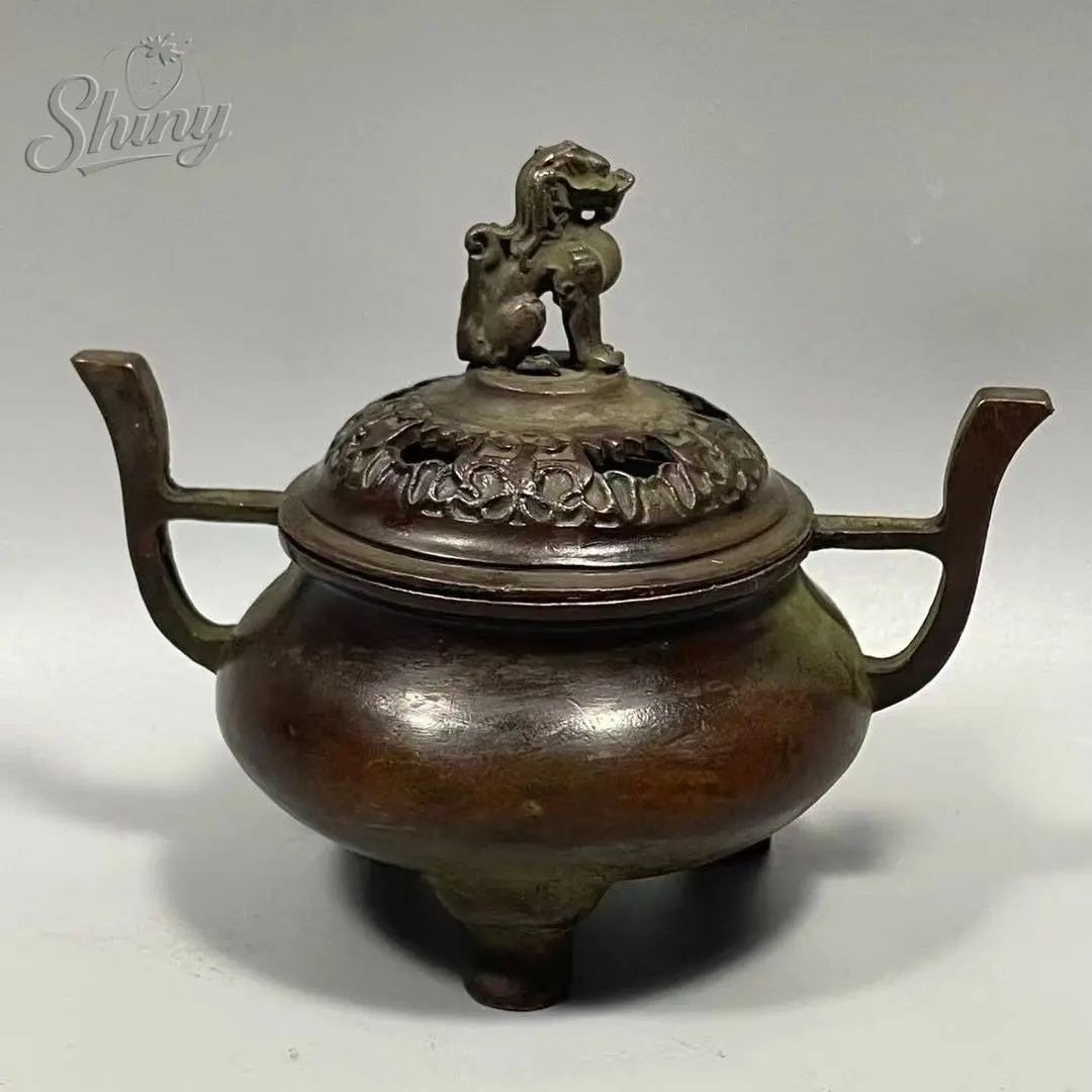 Antique Copper Incense Burner Chinese Hand Carved Kirin Statue Double Ear Burner Collection Crafts