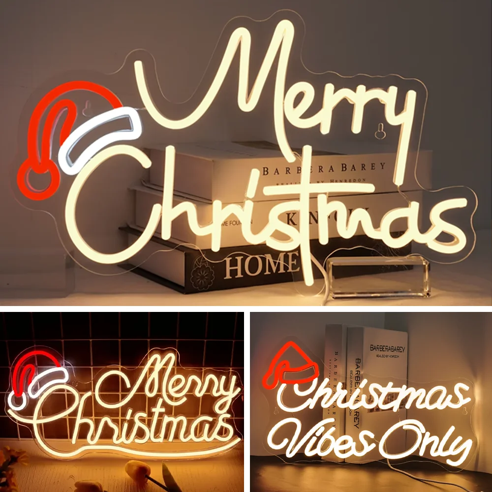 Christmas Hat Led Light Merry Christmas Neon Sign Wall Decor Christmas Party Celebration Wall Decor Art Decor USB Powered Light