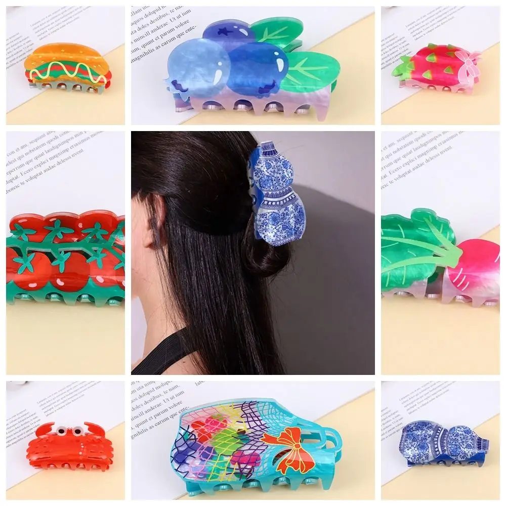 Cute Acrylic Flower Hair Claw Tomato Grape Fruit Hair Clip Headwear Hamburg Simulated Food Shark Clip Streetwear