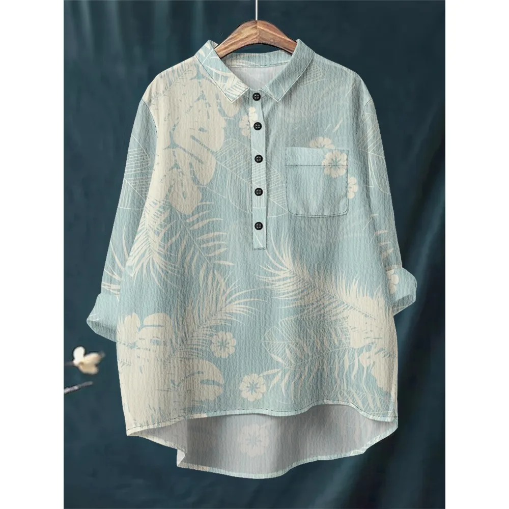 

Vintage Tropical Style Blouse Monstera Print Long Sleeve Shirt Vintage Women's Loose Long Sleeve Half-Button Bubble Crepe Top