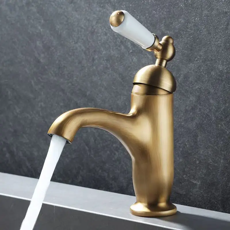 

Brass Basin Faucet Wash Basin Bathroom Hot and Cold Faucet French Retro Deck Mounted Water Tap