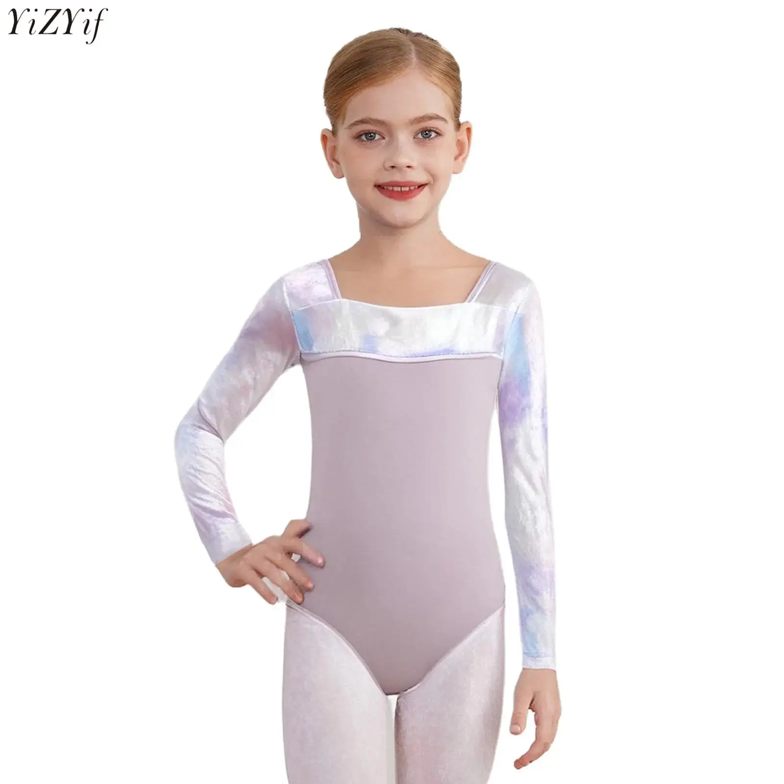 

Girls Ballet Dance Practice Costume Gymnastics Leotard Square Neck Long Sleeves Tie-Dye Velvet Patchwork Bodysuit Dancewear