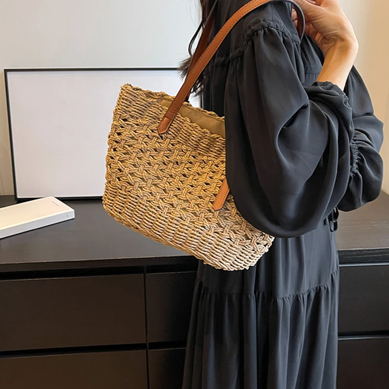 Designer Casual Rattan Wicker Tote Bag Große Kapazität Gewebt frauen Sommer Strand Stroh Handtasche Dame Reise Großen Korb – Detail 4
