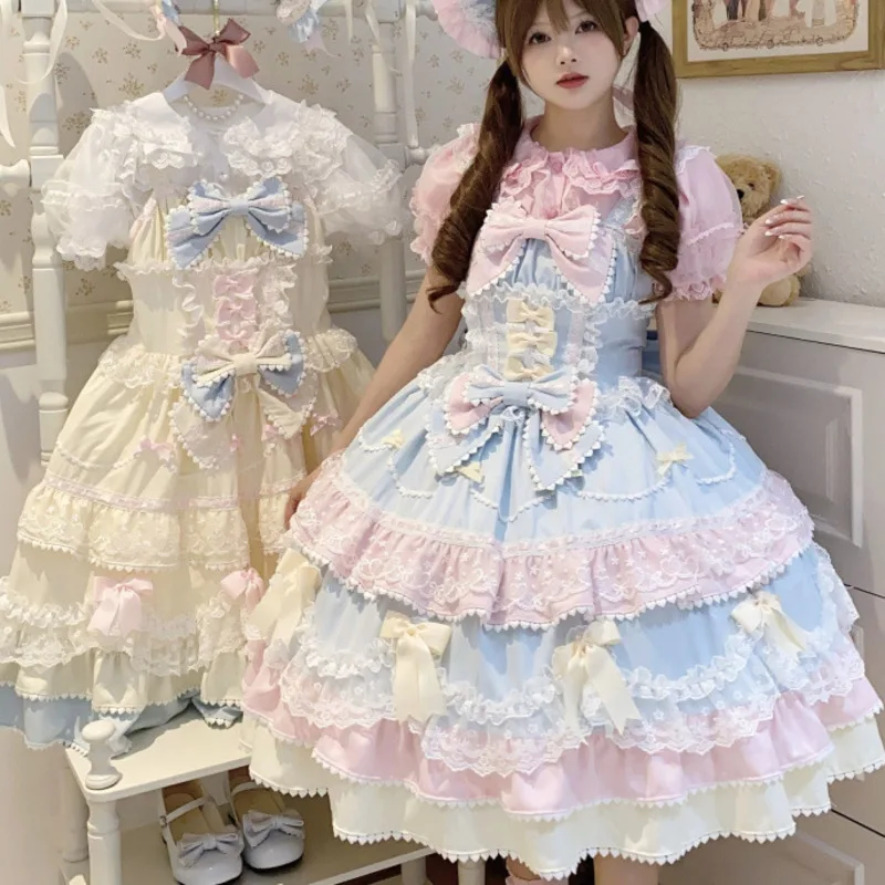 

Bow Lolita JSK Dresses Y2K Sweet White Sugar Girl Original Layered Sling Dress Kawaii 4Season Sleeveless Lolita Outfit Women New