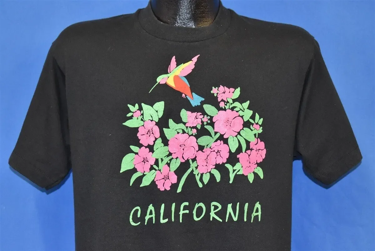 80er Jahre California Hummingbird Flowers T-Shirt Groß
