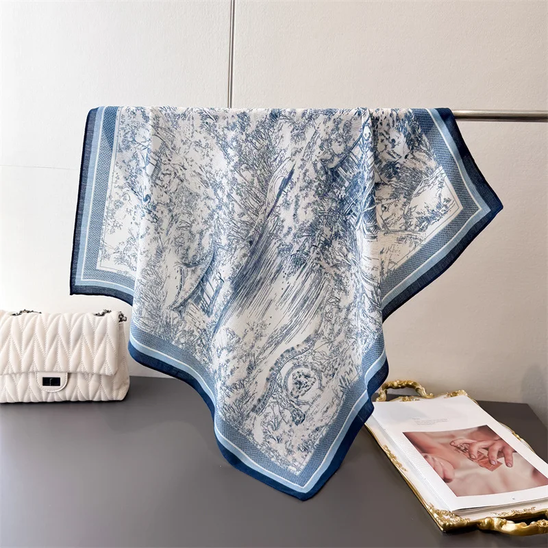 Bufanda cuadrada pequeña de lino y algodón con temperamento de tinta y agua de estilo chino, bufanda de seda, bufanda de terciopelo de imitación, chal, protección solar