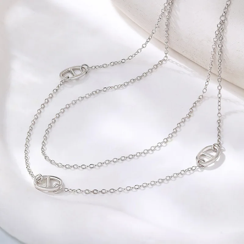 INS 925 Sterling Silver Layered Doubnle Rows Chain Pendant Sweater Station Necklace Choker Jewelry  C-A3058