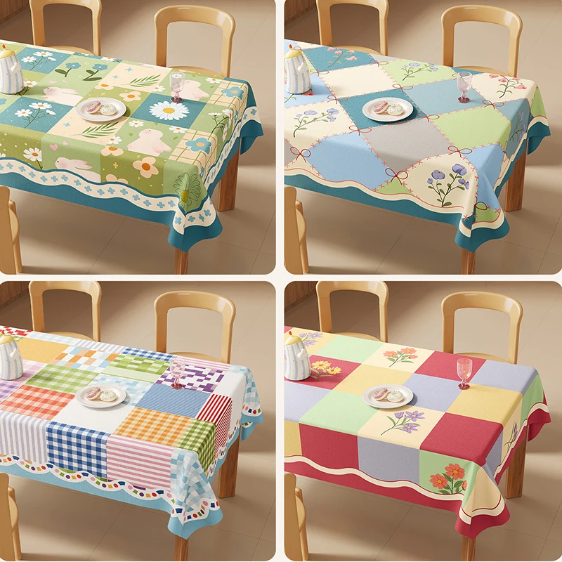 Korean Dopamine Lattice Spliced Tablecloth Waterproof Oil-Proof Washless Table Cover Aesthetic Anti-Scratch Dining Decoration