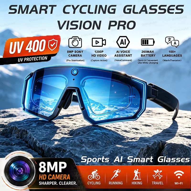 AI Ldentify Voice Translate Smart Glasses 1200P Video Recording Camera Bluetooth WiFi Anti-Shake UV400 Sports Windproof Goggles
