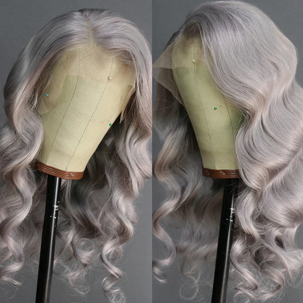 RONGDUOYI اللون الأزرق الجسم موجة الاصطناعية الدانتيل الجبهة الباروكات طويلة متموجة الألياف الطبيعية شعر مستعار تأثيري استخدام رمادي شقراء الشعر الأسود #5