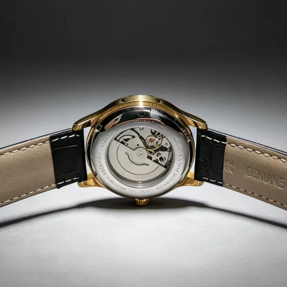 Simple Three-Hand Men's Mechanical Watch, European and American Style Skeleton Automatic Mechanical Watch for Men, Waterproof with Calendar, Leather Strap, Light Luxury Fashion Business Casual Gift Men's Watch