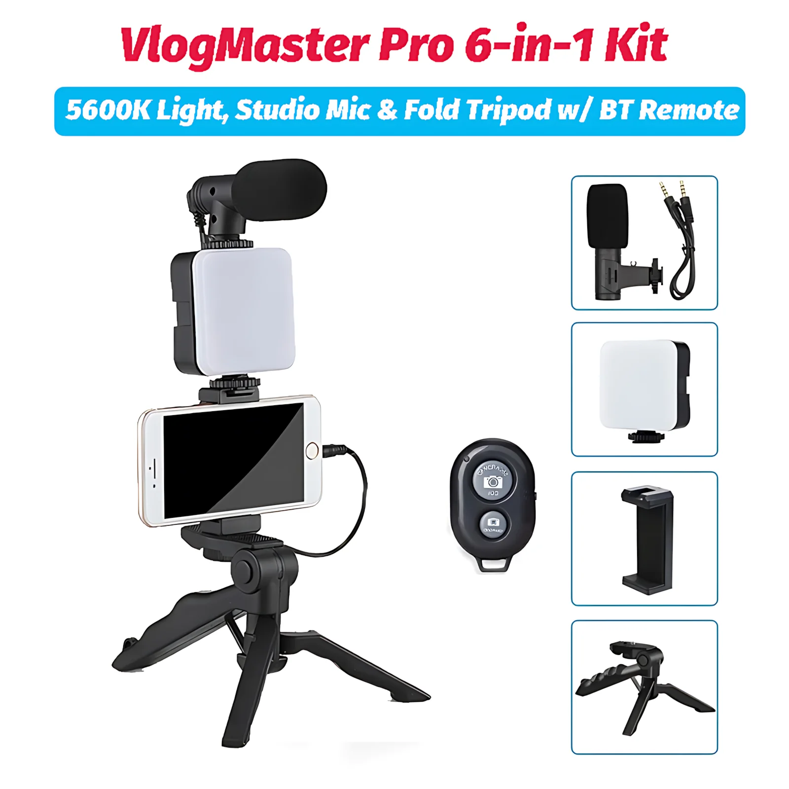

VlogMaster Pro 6-in-1 Kit 5600K Light Studio Mic Fold Tripod w BT Remote for TikTok YouTube Live Online Teaching Video Calls