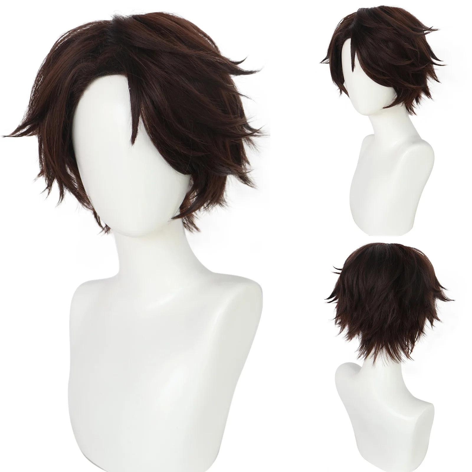 Prisión azul Xuegong Jianyou con una peluca permanente corta marrón ligeramente fuera del centro para Cosplay