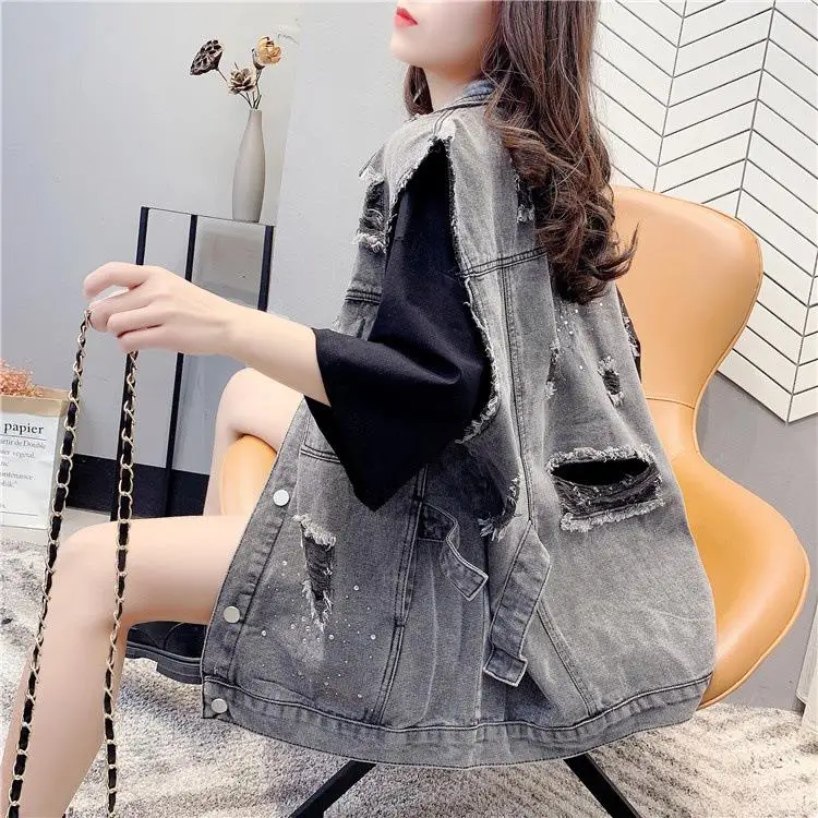 

Women's Large Denim Vest mid to Long Sle with a Country Sle Open Cardigan Leather Cotton Color Inner Wear Vest