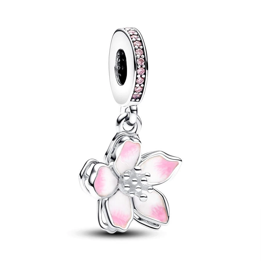 NEW Sparkling Rose in Bloom Oversized Charm & Cherry Blossom Dangle Bead Fit Original European Silver 925 Bracelet Jewelry Gift