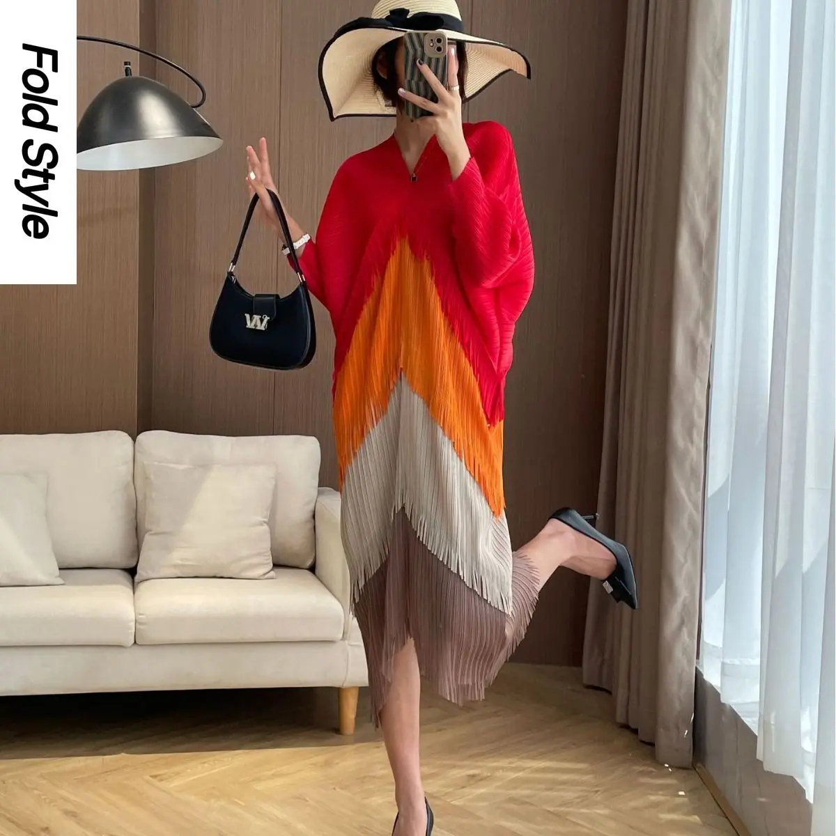 New Spring and Autumn V-neck Pleated Three House Bat Sleeves Mid Sleeve Dress Colored Fashion Tassel Mid Length Slim Dress