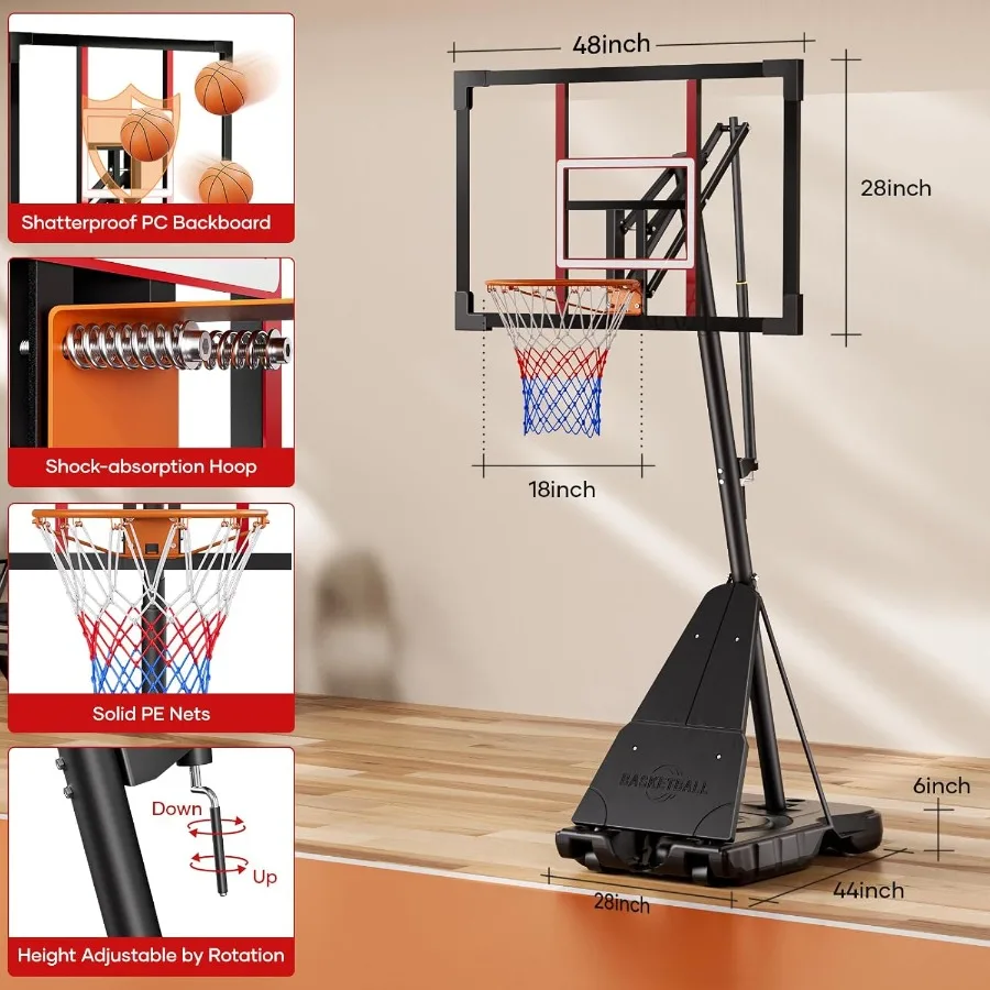 48 Professioneller Outdoor-Basketballkorb mit stufenloser Regulierung, Kurbel-Einstellsystem für vielseitige Gerichtsgebrauch, höhenverstellbar