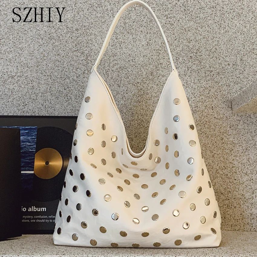 

Роскошная дизайнерская сумка подмышки, женская сумка с заклепками, сумка на плечо, классическая большая вместительная офисная сумка, новая сумка в мотоциклетном стиле в стиле панк