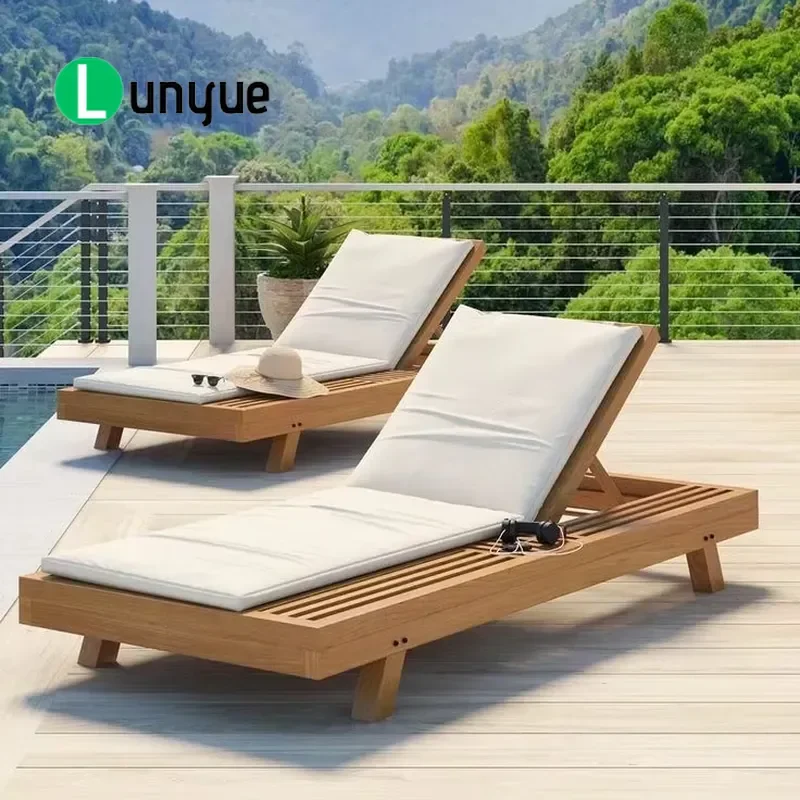 Teak Outdoor Sun Lounger with Cushions Garden Poolside Beach Chaise Longue Resort Hotel Furniture Durable Waterproof Leisure