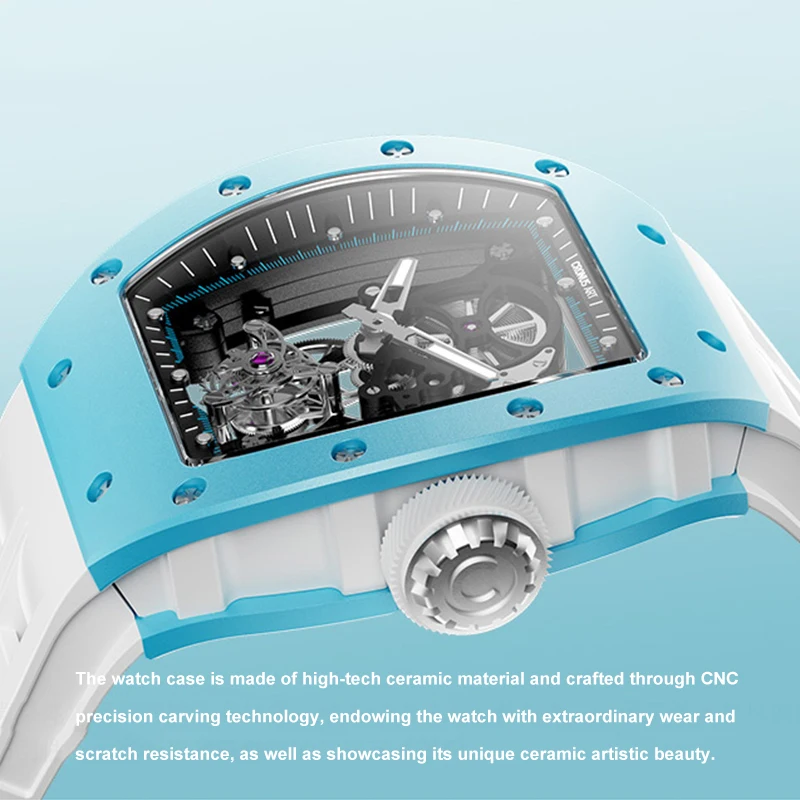 CRONUSART Männer Tourbillon Uhr Tonneau Mechanische Armbanduhr 5Bar Keramik Gehäuse Leucht Fluororubber Strap Saphir Spiegel