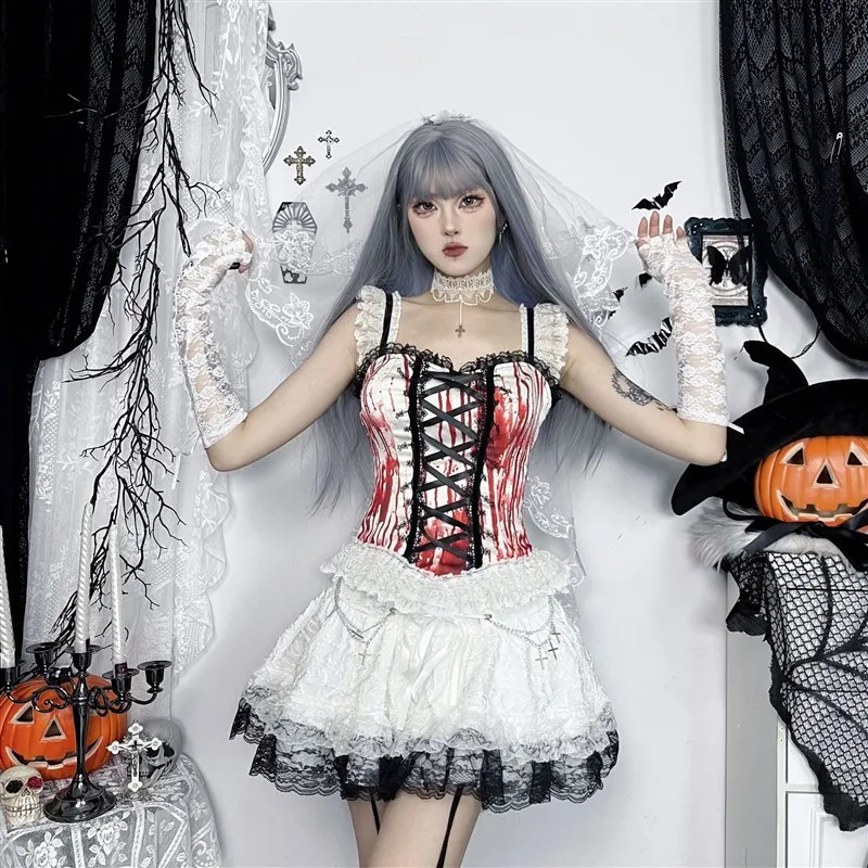 

Sexy Red Mary Halloween Costume Top Women's Spicy Girl Versatile Vest Strap Design Polyester Fabric Shoulder Pad Included