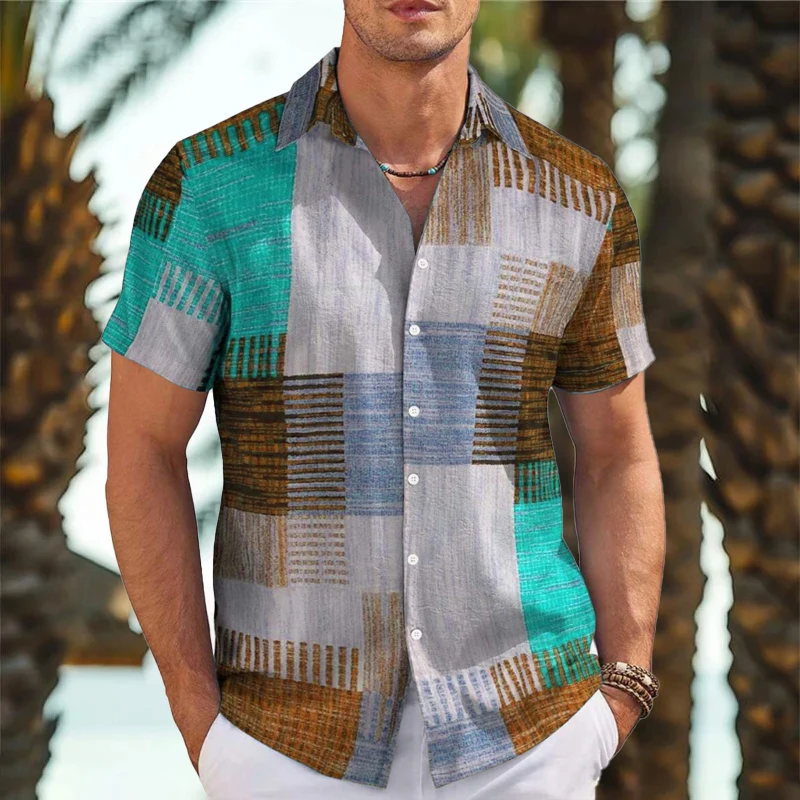 2024 Men's Color Block 3D Printed Button Hem Lapel Short Sleeve Shirt Large Size 5XL High Quality Hawaiian Beach Top Shirt